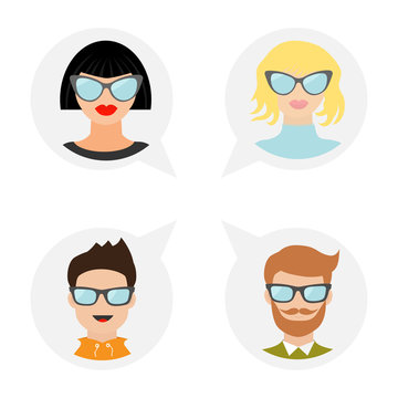 Avatar people icon set. Cute cartoon character. Diverse face collection. Men women wearing eyeglasses. Male female head with sunglasses Speech bubble Flat sesign. White background Isolated