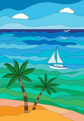 Fototapeta na wymiar Seaside/Waterscape with beach, palms and yacht