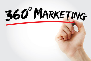 Hand writing 360 Degrees Marketing with red marker, business concept