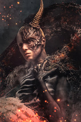 Portrait of devil woman with horn.