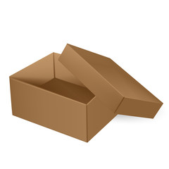 VECTOR PACKAGING: Top view of open brown packaging box with cover on isolated white background. Mock-up template ready for design.