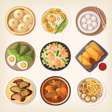 Chinese street, restaraunt or homemade food icons for ethnic menu