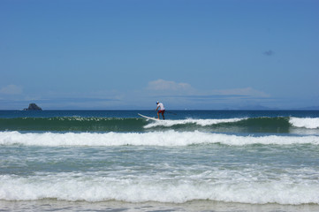 Paddleboarder on a SUP surfing a wave. Paddle boarder photographed in Northland, New Zealand.
