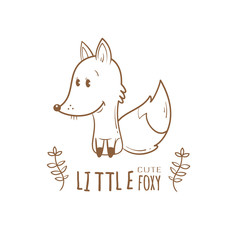Card with cute cartoon fox. Little funny animal. Children's illustration. Vector contour image. Coloring book. Transparent background.
