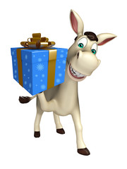 fun  Donkey cartoon character  with gift box
