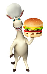 Donkey cartoon character with burger and chef hat