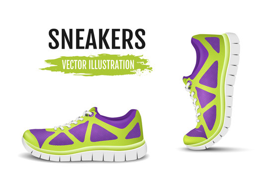 Background of two running shoes. Colorful sport shoes for running and colorful curved sport shoes for running. Vector illustration