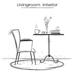 Livingroom interior for reading or relax.Hand drawn sketch of il
