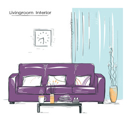 Livingroom interior place with couch.Hand drawn color sketch on