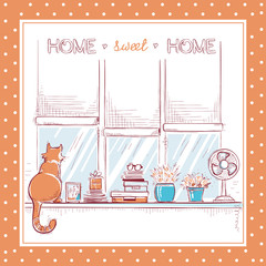 Home sweet card.Windowsill with home love objects and cute cat.