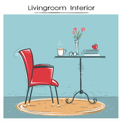 Livingroom interior for reading or relax.Hand drawn color sketch