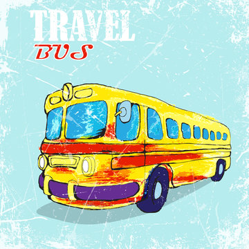 hand drawn, color penсil. funny yellow bus. school busvector illustration