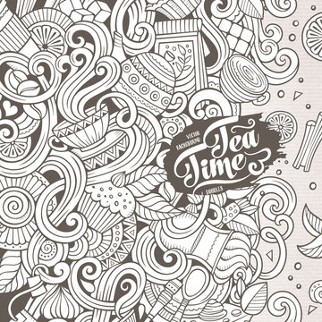 Cartoon hand-drawn doodles of cafe, coffee shop background
