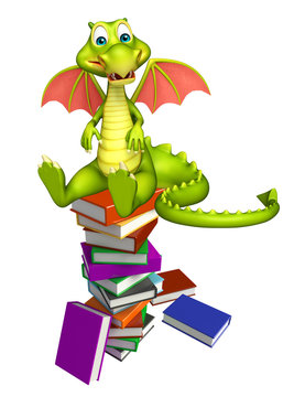 cute Dragon cartoon character with book stack
