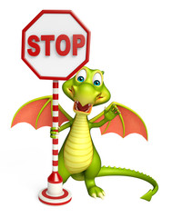 cute Dragon cartoon character with stop sign