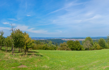 Fototapeta na wymiar Panorama, Blick über Streuobstwiesen nach Pforzheim