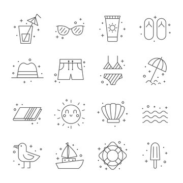 Summer beach icon set. Clean and simple outline design.