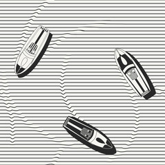 Vector seamless pattern. Hand drawn speedboats in the sea - monochrome repeating background for fabric, wallpapers and prints. Isolated vector illustration. - 111660206