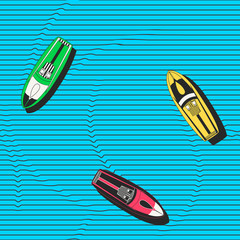Hand drawn colorful seamless vector pattern with speedboats floating in the sea. Modern stylish repeating decorative background for wallpapers, fabric, wrapping paper or ceramics.