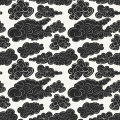 Hand drawn vector seamless pattern with black storm clouds. Modern stylish decorative background in trendy linear art style. Perfect for wallpapers, textile and interiors. - 111660251
