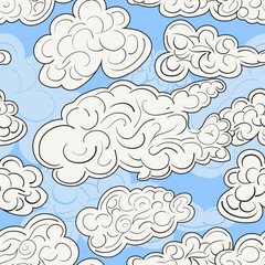 Hand drawn vector seamless pattern with white clouds on a bright blue sky. Modern stylish decorative background in trendy linear art style for wallpapers and textile. Isolated vector illustration.