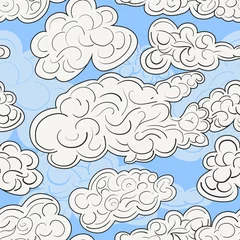 Foto op Canvas Hand drawn vector seamless pattern with white clouds on a bright blue sky. Modern stylish decorative background in trendy linear art style for wallpapers and textile. Isolated vector illustration. © Defokes