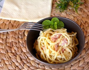Bowl of delicious Italian spaghetti Carbonara. Italian food.