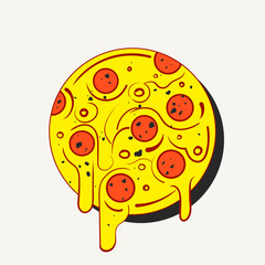 Fototapeta premium Hand drawn hot full circle of tasty pizza on white background. Modern fast food stylish logotype or eating icon. Isolated vector illustration.
