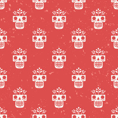 Hand drawn skull with flowers growing through it seamless pattern. Concept of eternal life illustration in traditional Mexican art style. Repeating modern red background for textile or wrapping paper. - 111660413