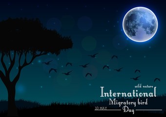 Birds migratory day with tree and grass under  moon on night background