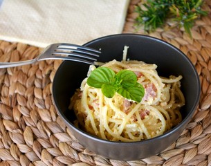 Bowl of delicious Italian spaghetti Carbonara. Italian food.