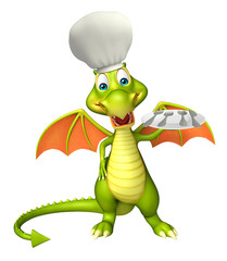 Dragon cartoon character with dinner plate and chef hat