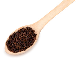 black pepper in spoon isolated on white background
