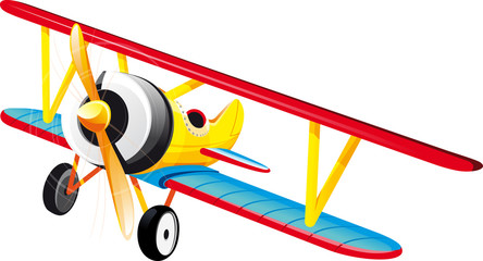 brightly colored retro classic biplane in flight. Isolated on white