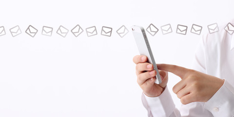human hand using smartphone on white background