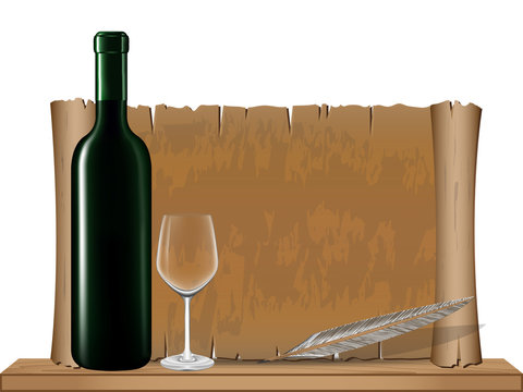 Bottle wine and Old vintage scroll on wood shelf