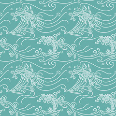 Rolling Waves seamless pattern.
Hand drawn wallpaper or textile pattern with wave motives in vector format.
