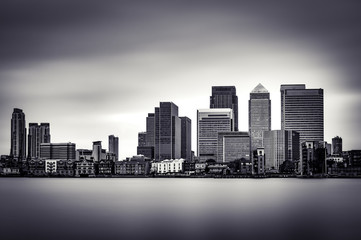 Black and White panoramic view of Canary Wharf, the financial district in London.