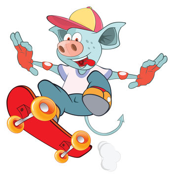 Illustration of a Cute Devil. Skateboarding. Cartoon Character