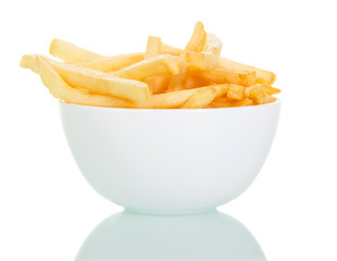 Bowl of crispy french fries isolated on white background.