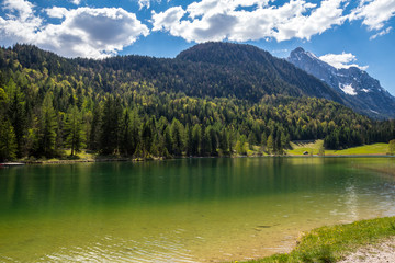 Fototapeta na wymiar Ufer des Lautersee in den bayrischen Alpen im Frühling