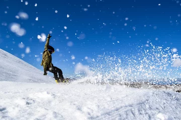 Rolgordijnen Snowboader falling whilst racing through a Snowboard Cross Course - racing against the clock in the Australian Alps © Michelle Mealing Art