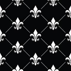 French Damask background - Fleur de lis black white pattern on black © redkoala