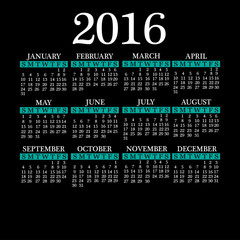 calendar for 2016 on black background
