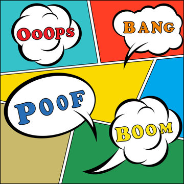 Grunge Retro Comic Speech Bubbles. Vector Illustration on Strip Background. Abstract Talking Clouds and Sounds.