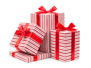 Striped boxes with gifts tied bows on white background