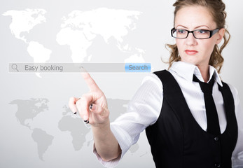 Easy booking written in search bar on virtual screen. Internet technologies in business and home. woman in business suit and tie, presses a finger on a virtual screen
