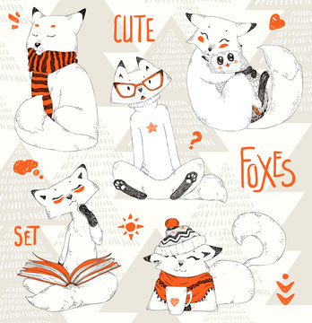 Cute Foxes set,doodle sketch collection, funny cartoon animals in caps,sweaters and scarfs.Little Fox embraces owl. Christmas design,winter pattern.Hand drawn vector illustration,decorative elements.