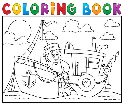 Coloring book with fishing boat theme 1