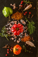 a mixture of spices and fresh peppers of different colors. view from above. flat location in still life